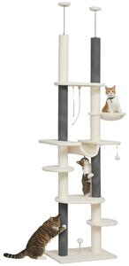 PawHut Albero tiragraffi, a soffitto alto, regolabile 225-255 cm, piattaforme & Amache, Dispositivo Anti-Ribaltamento, Bianco | Aosom Italy