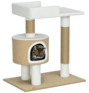 PawHut Albero tiragraffi Albero per gatti Tana per gatti, 1 Tana per gatti, 1 Lettiera, 70 cm x 49 cm x 79 cm, Naturale + Bianco | Aosom Italy