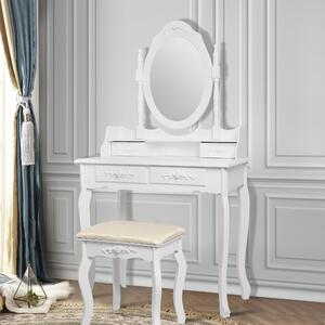 ML-Design tavolo da toilette bianco, tavolo da toilette con specchio, sgabello e 4 cassetti, 75x139x40 cm, stile country, tavolo da toilette per donne e ragazze