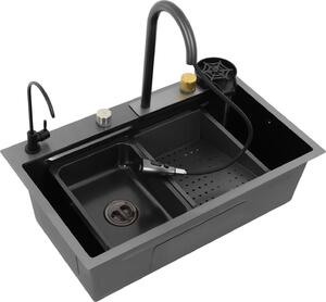 Lavello da cucina in acciaio inossidabile - Doppia vasca 75x45x21 cm - Da incasso o a filo piano - Rubinetto estraibile da 30 cm - Struttura a nido d'ape nano - Con lavabicchieri e tagliere - Gun Grey