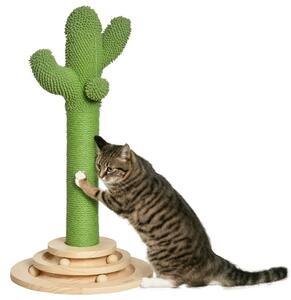 PawHut Albero Tiragraffi per Gatti Adulti e Gattini a Forma di Cactus, Corda Sisal e Base con Palline in Legno, 32x32x60cm, Verde|Aosom