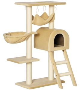 PawHut Albero Tiragraffi per Gatti Multilivello con Amaca e Casetta, Corde in Sisal Naturale, Beige, Altezza 98cm|Aosom