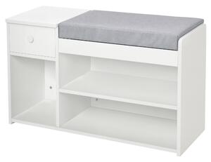 HOMCOM Panca Scarpiera con Cuscino, Cassetto e 3 Vani Aperti in Legno, 81x31.5x49cm, Bianco|Aosom