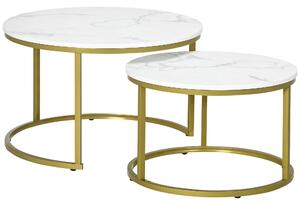 HOMCOM Set 2 Tavolini da Salotto Rotondi e Impilabili in Acciaio e Truciolato, Ø74x46.3 cm e Ø59x38.5 cm, Bianco e Oro|Aosom