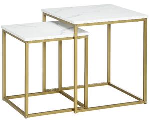 HOMCOM Tavolino da Salotto Set 2 Pz Impilabile con Piano Effetto Marmo in Truciolato e Struttura in Acciaio, 45x45x50 cm e 37x37x43 cm, Bianco e Oro