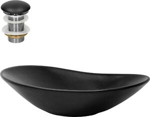Lavabo LuxeBath Lavabo da appoggio ovale, 63x36x15,5 cm, nero, in Vetroceramica, incl. set di scarico senza troppopieno