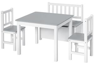 HOMCOM Set con Tavolo per Bambini con contenitore, 2 Sedie e Cassapanca, Legno, Spazio Creativo in Cameretta, Bianco e Grigio|Aosom Italy