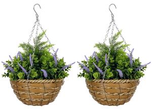 Outsunny Set 2 Piante Finte di Lisianthus con Vaso e Gancio, in PE e Vimini, Ø25x34 cm, Verde e Viola