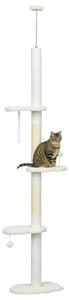 PawHut Albero per Gatti a Soffitto con Altezza Regolabile e Pali Tiragraffi in Cotone, 48x32x225-255 cm, Bianco