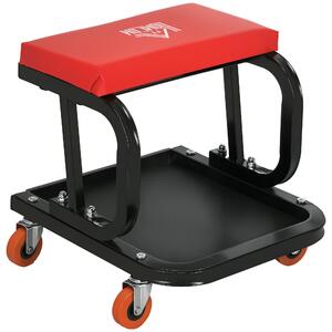 HOMCOM Sgabello da Officina Imbottito con Ruote e Vassoio Porta Attrezzi in Acciaio e PU, 38x35x37cm, Rosso|Aosom