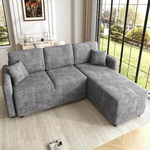Divano angolare L, 3 posti, 187,5x144x85,5 cm, divano angolare grigio in tessuto chenille, con superficie di riposo di 144 cm, 2 cuscini e struttura in legno massello, ideale per il soggiorno