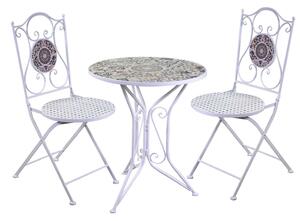 Set Tavolino e 2 Sedie Ø60xh71 cm in Metallo con Mosaico Frigole Bianco