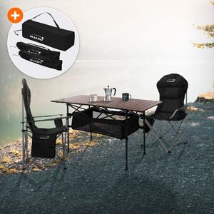 Set di mobili da campeggio Hauki 3 pezzi, tavolo pieghevole marrone con 2 sedie da campeggio nere, inclusa borsa di trasporto
