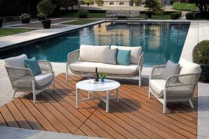 Set Salotto da Giardino Divano 2 Poltrone e Tavolino Vietri in Alluminio e Corda Bianco e Grigio