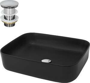 LuxeBath Lavabo da appoggio Square, 51x40,5x13,5 cm, nero opaco, in Vetroceramica, incl. set di scarico senza troppopieno