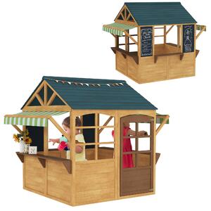 Casetta per Bambini 3-8 Anni 173x117x144 cm con 5 Finestre e 2 Lavagne in Legno di Abete Marrone e Blu