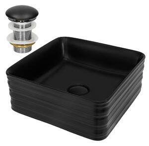LuxeBath Lavabo Lavabo da appoggio Square, 39x39x15 cm, nero, Vetroceramica, incl. set di scarico senza troppopieno