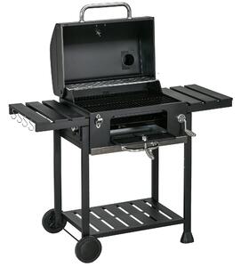Barbecue a Carbone Griglia Regolabile con Coperchio Ruote e Tavolini Nero