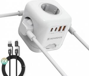 Remodius Power Dock, ciabatta multipresa con 4 prese e 4 porte USB (2x USB-C, 2x USB-A), inclusi 2 cavi di ricarica universali 4-in-1