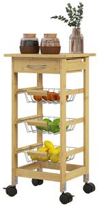 Carrello Cucina con Cassetto e 3 Cestini a Rete Metallica 37x37x76 cm in Legno