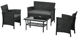Set Salotto da Giardino Divano 2 Poltrone con Cuscini e Tavolino in Vetro in Rattan PE Nero e Grigio