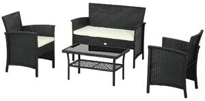 Set Salotto da Giardino Divano 2 Poltrone con Cuscini e Tavolino in Vetro in Rattan PE Nero