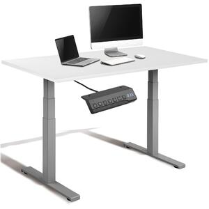 Scrivania da ufficio, regolabile in altezza, colore grigio chiaro. Piano del tavolo: bianco, resina melaminica, dimensioni 160x80 cm