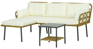 Salotto da Giardino Divano 2 Posti con Chaise Longue e Tavolino in Rattan PE Crema
