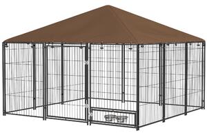 Recinto per Cani con Porticina per Ciotole 211x211x151 cm in Metallo e Tessuto Oxford Nero e Marrone