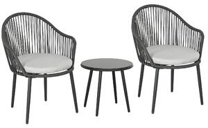 Set Tavolino da Caffè con Piano in Vetro e 2 poltroncine da Giardino in Rattan con Cuscini Grigio