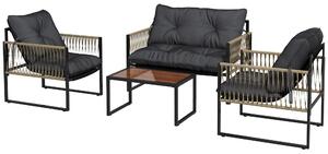 Set Salotto da Giardino Divano 2 Poltrone e Tavolino in Acciaio Poliestere e Rattan Grigio e Marrone