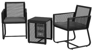 Set Tavolino e 2 Poltroncine con Cuscini da Giardino in Rattan PE Acciaio e Poliestere Nero