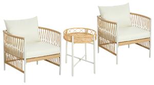 Set Tavolino e 2 Poltroncine con Cuscini da Giardino in Rattan PE Acciaio e Poliestere Giallo