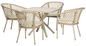 Set Tavolo e 4 Poltrone da Giardino con Cuscini in Acciaio e Rattan PE Cachi