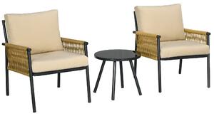 Set Tavolino e 2 Poltroncine con Cuscini da Giardino in Rattan PE Acciaio e Poliestere Beige