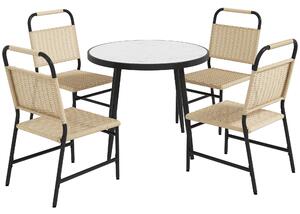 Set Tavolo Piano in Vetro Effetto Marmo e 4 Sedie da Giardino in Rattan Colore Cachi