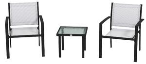 Set Tavolino con Piano in Vetro e 2 Sedie Impilabili da Giardino in Acciaio e Tessuto Grigio Chiaro