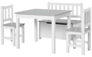 Set Tavolo per Bambini con 2 Sedie e Cassapanca in Legno per Cameretta Bianco e Grigio