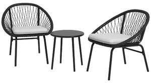 Set Tavolino e 2 Poltrone da Giardino in Acciaio e Rattan PE Nero