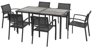 Set Tavolo e 6 Sedie Impilabili da Giardino in Tessuto a Rete e Tavolo Effetto Legno Grigio