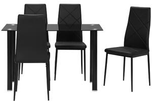Set Tavolo da Pranzo con Piano in Vetro e 4 Sedie Imbottite in Finta Pelle Nero