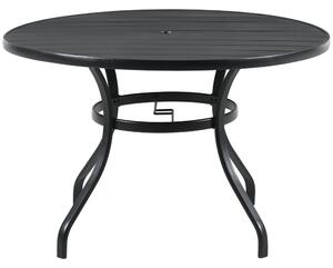 Tavolo da Giardino Rotondo per 4 Persone Ø115x72cm con Foro per Ombrellone e Doghe in Metallo Nero