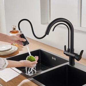 Miscelatore da cucina a 3 vie, corpo in ottone, miscelatore orientabile a 360° con beccuccio estraibile, rubinetto per acqua potabile a 2 maniglie, miscelatore da cucina 3 in 1 per filtro dell'acqua, nero