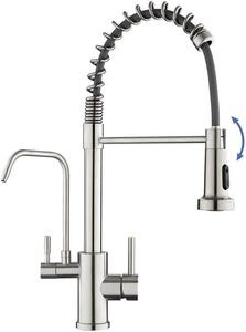 Rubinetto da cucina con filtro, alta pressione dell'acqua, orientabile a 360°, acciaio inossidabile, valvola di scarico a doppio passaggio, set di montaggio a braccio singolo