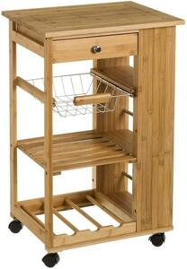 Carrello Cucina legno Bambu Cassetto Cestello Portabottiglie 3 Ripiani Laterali