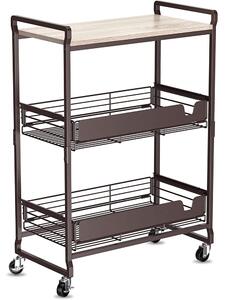 Carrello da Cucina 3 Ripiani con Ruote e 2 Cesti Portaoggetti 65x33x91cm Bronzo