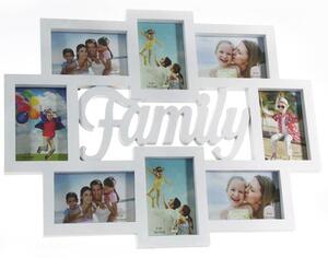 Cornice Portafoto Da Parete Con 8 Porta Foto 10x15 e Scritta Family Bianco