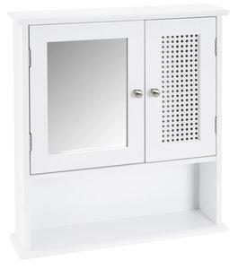 Mobile a Muro da Bagno Pensile con Griglia e Specchio Legno Bianco 56x13x58H cm