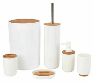 Set da Bagno in Legno Bamboo e Plastica Bianco e Naturale 6pz con Portascopino