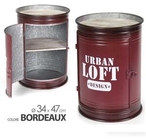 Tavolino Contenitore Bidone Tondo Struttura Metallo Bordeaux e Ripiani in Legno